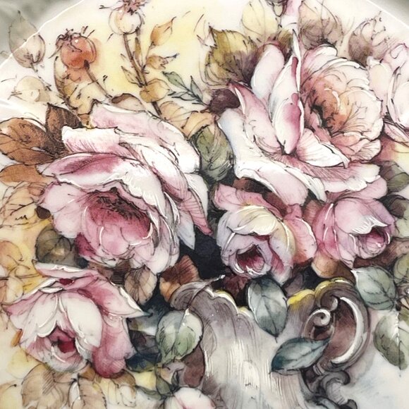 Floribunda Roses & Peonies Decorative Floral Plate Hand Painted Embossed 9" Dish - Picture 4 of 8